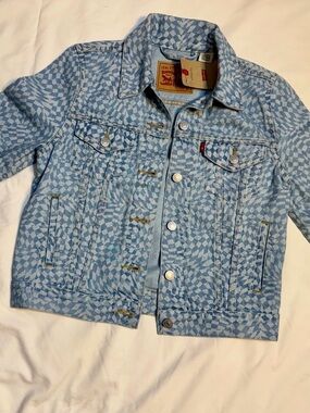 Levi’s Original Trucker Jacket XS NWT Blue Optical Checkerboard Print Denim